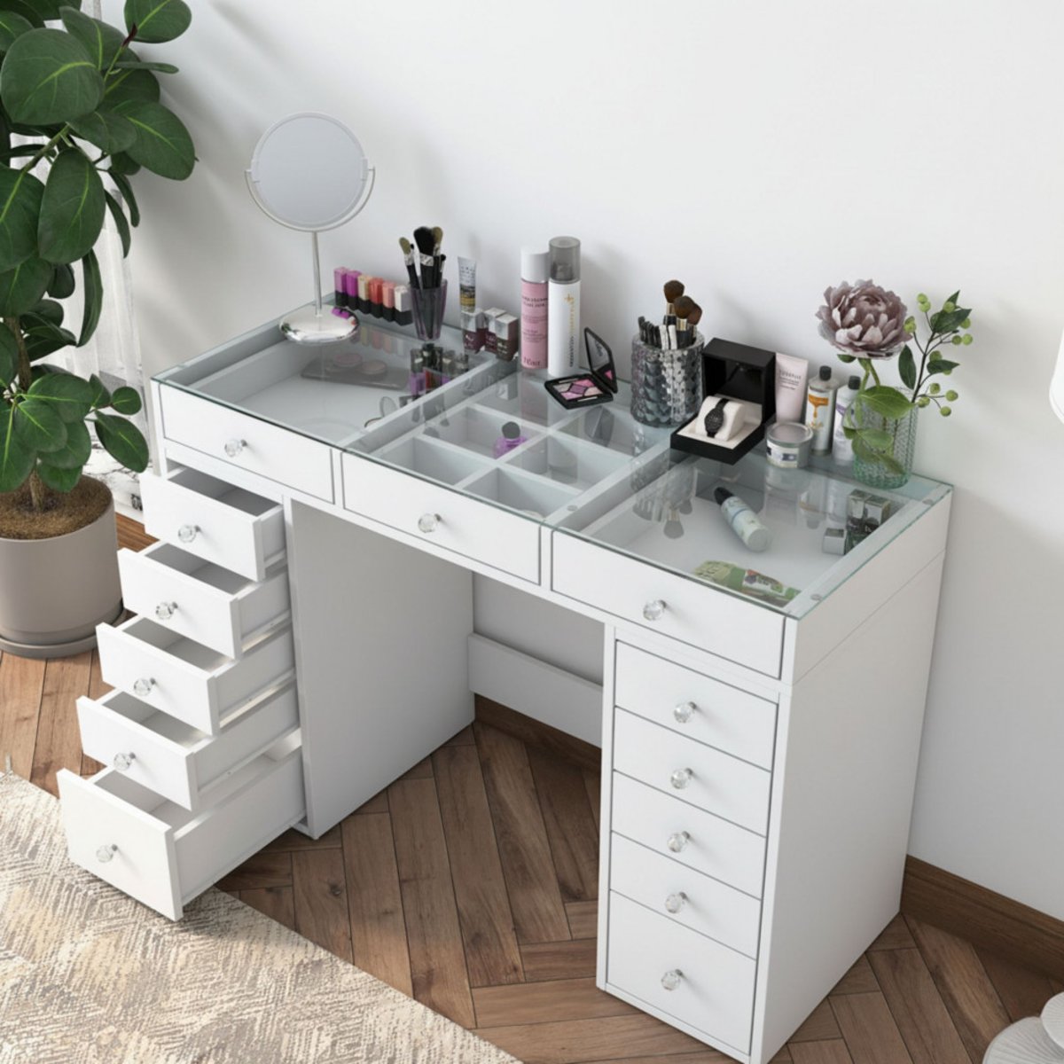 Coiffeuse 13 tiroirs avec plateau en verre L120cm- TIYA blanc, DRAWER