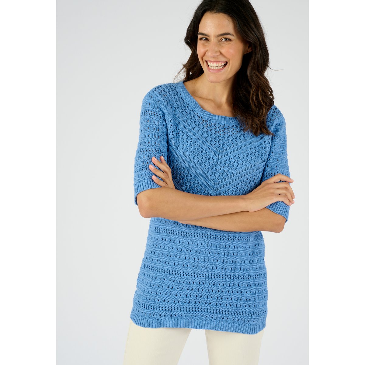 Pull maille fantaisie pur coton bleu, DAMART