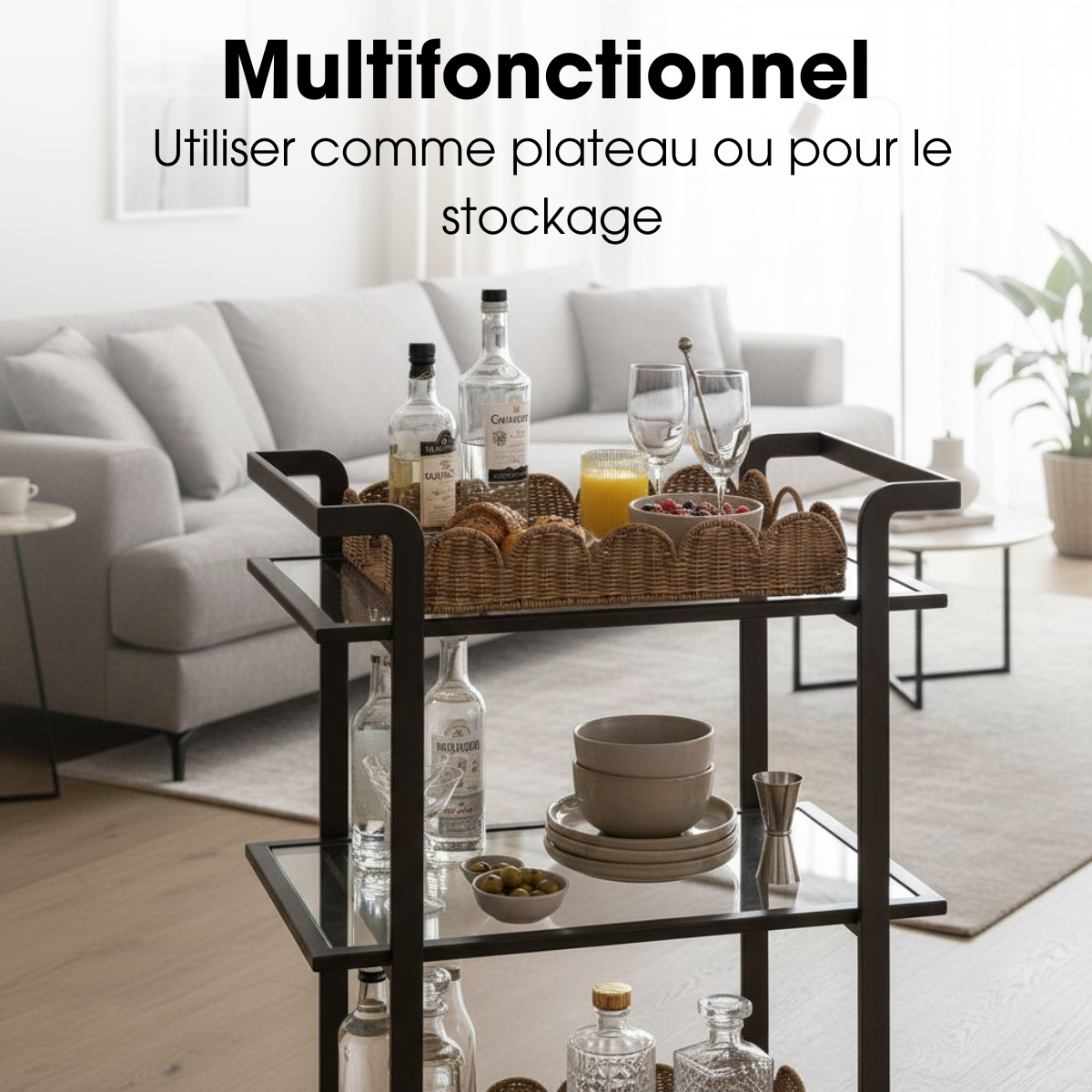Lot de 2 plateaux en rotin tressé ELETA marron clair, MICA DECORATIONS
