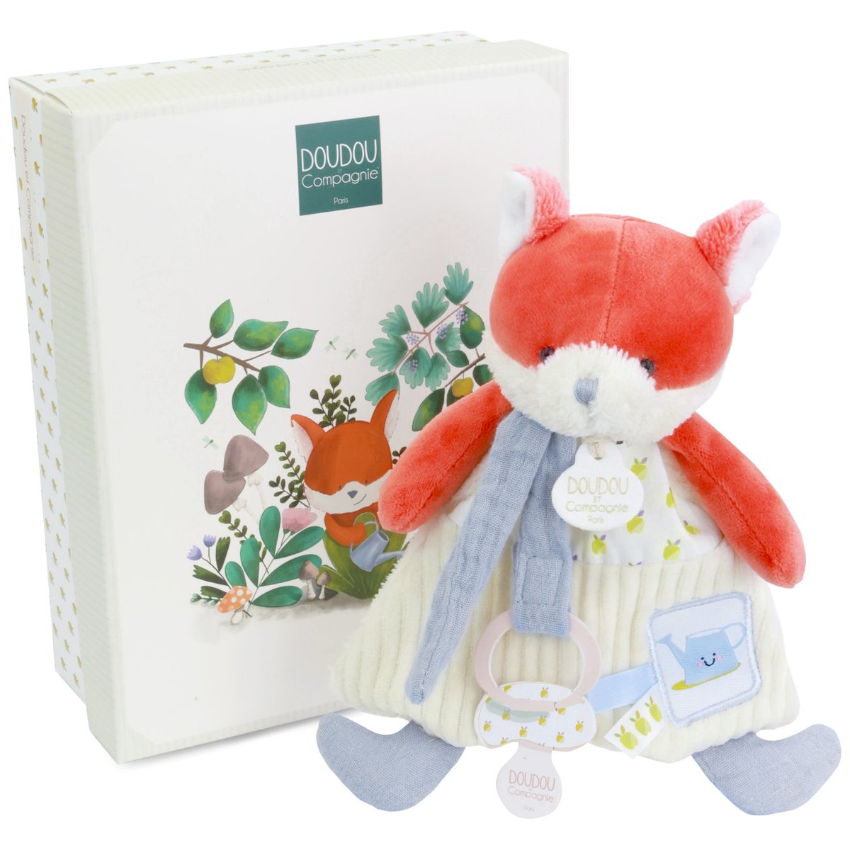 Doudou attache-sucette orange, bleu, blanc, DOUDOU ET COMPAGNIE