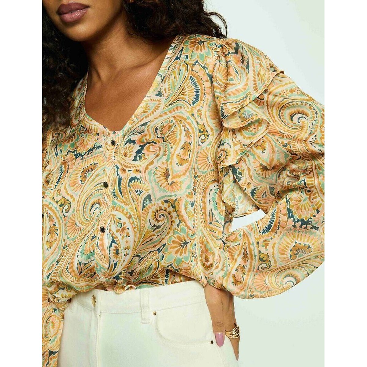 Blouse imprimée col v volanté imprimé jaune, MORGAN
