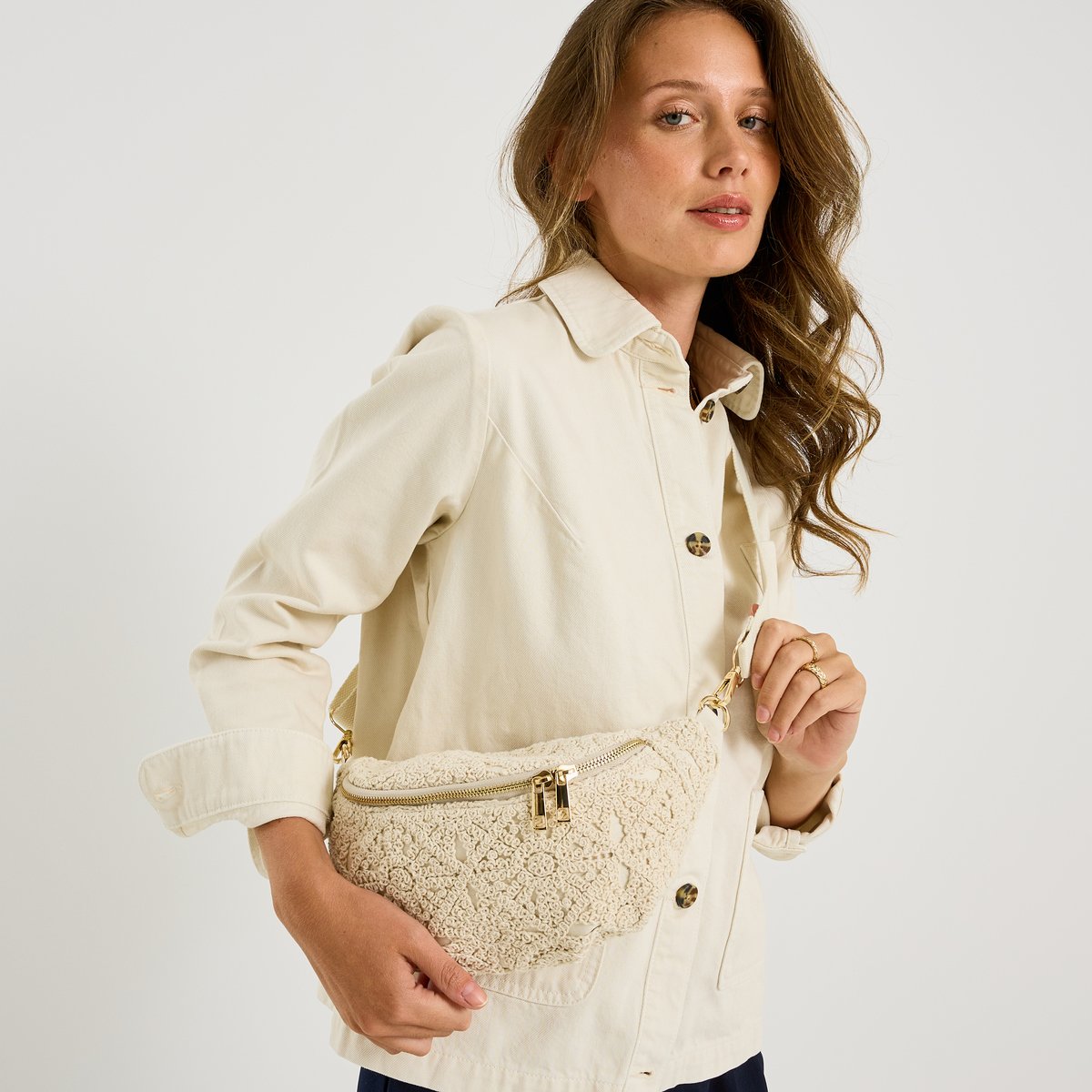 Sac banane en crochet blanc cassé ecru, GRAIN DE MALICE