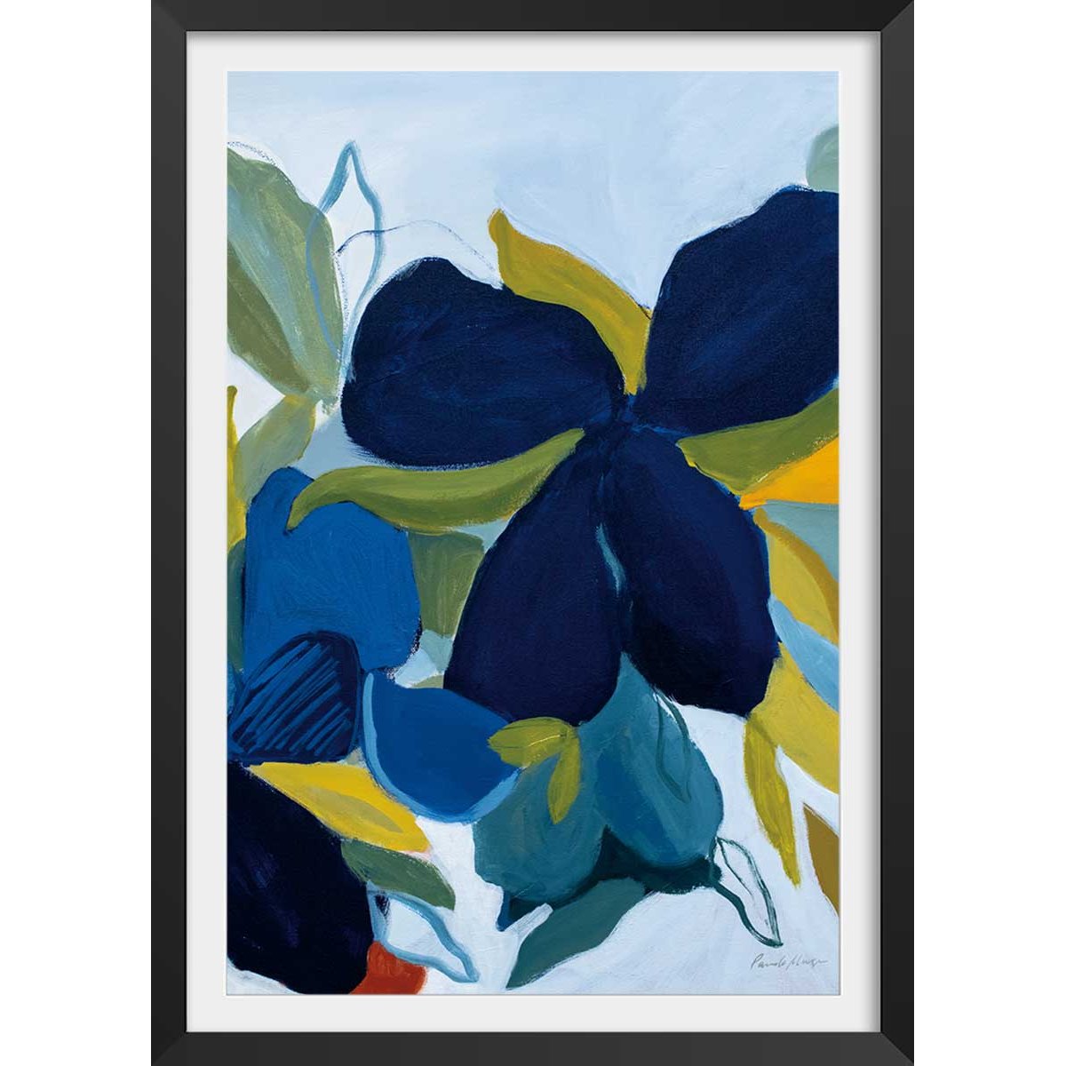 Poster fleurs bleues affiche + cadre en bois - noir, HEXOA