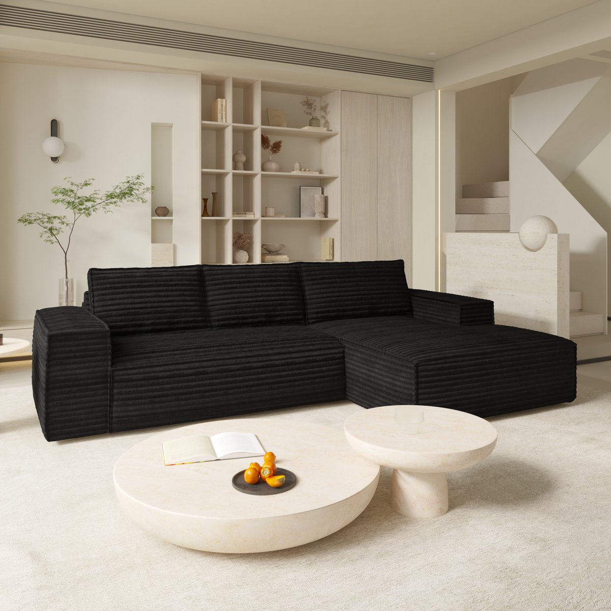 Canapé convertible angle droit 5 places en velours côtelé JOAN noir, SIA HOME