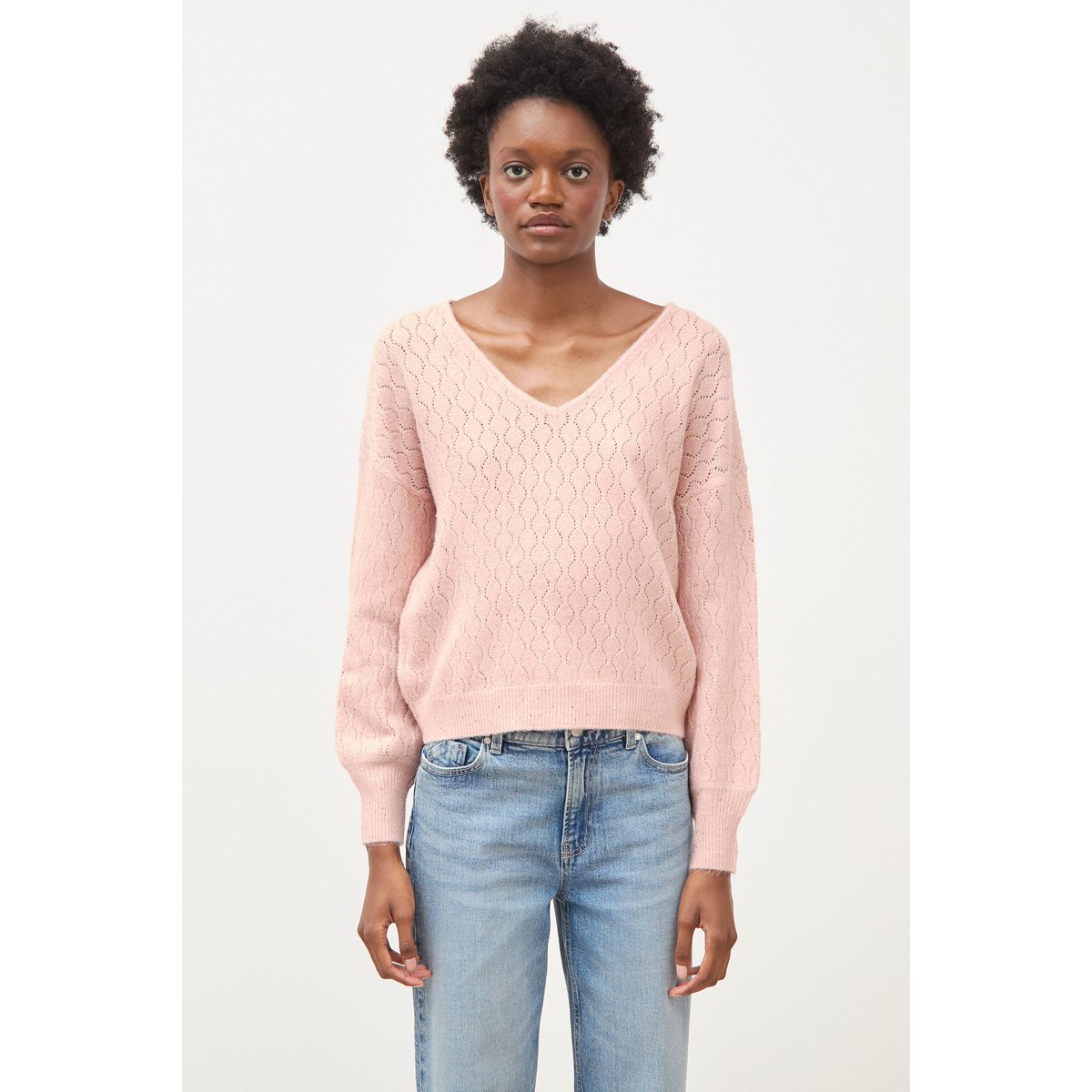 Pull oversize col v manches longues rose pastel, BONOBO