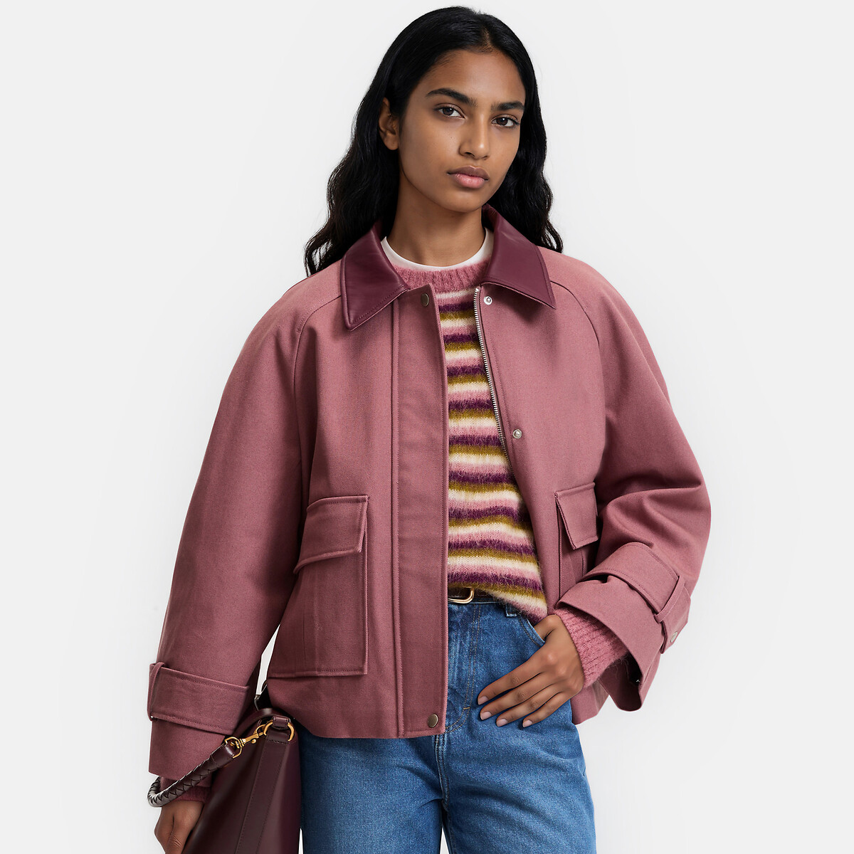 Cotton Jacket with Contrasting Collar dusty pink, LA REDOUTE COLLECTIONS