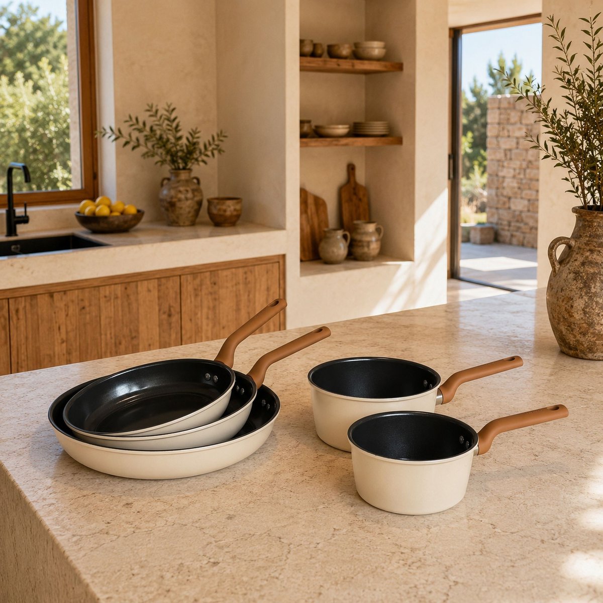 Batterie de cuisine 5 pièces en acier carbone, PRATICOOK beige, MENASTYL