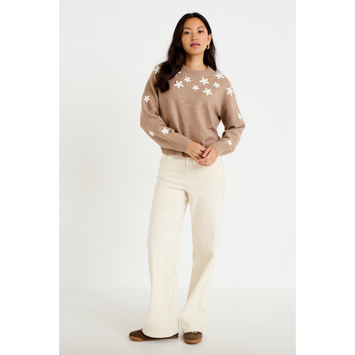 Pull oversize brodé manches longues beige, CACHE CACHE