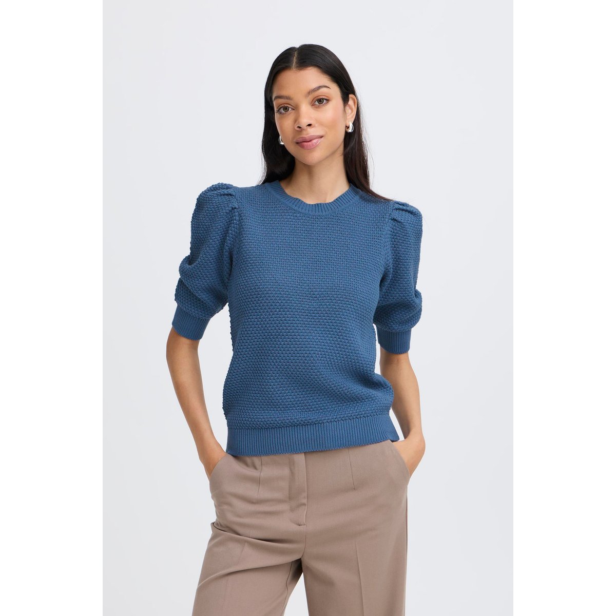 Pull en maille, manches 3/4, col rond bleu true navy, B.YOUNG