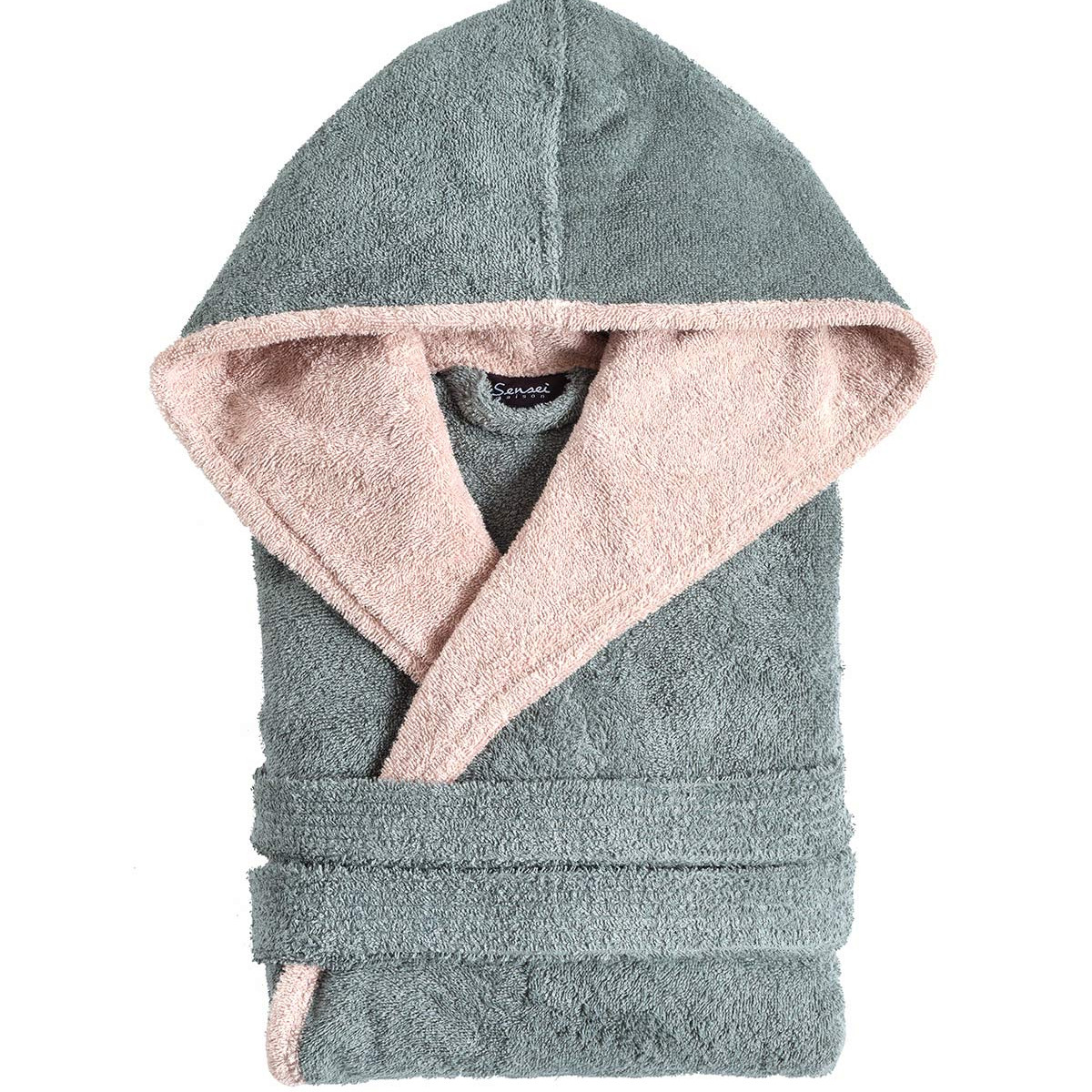 Peignoir mixte à capuche bicolore 420 g/m² DOZMARY lichen, SENSEI MAISON