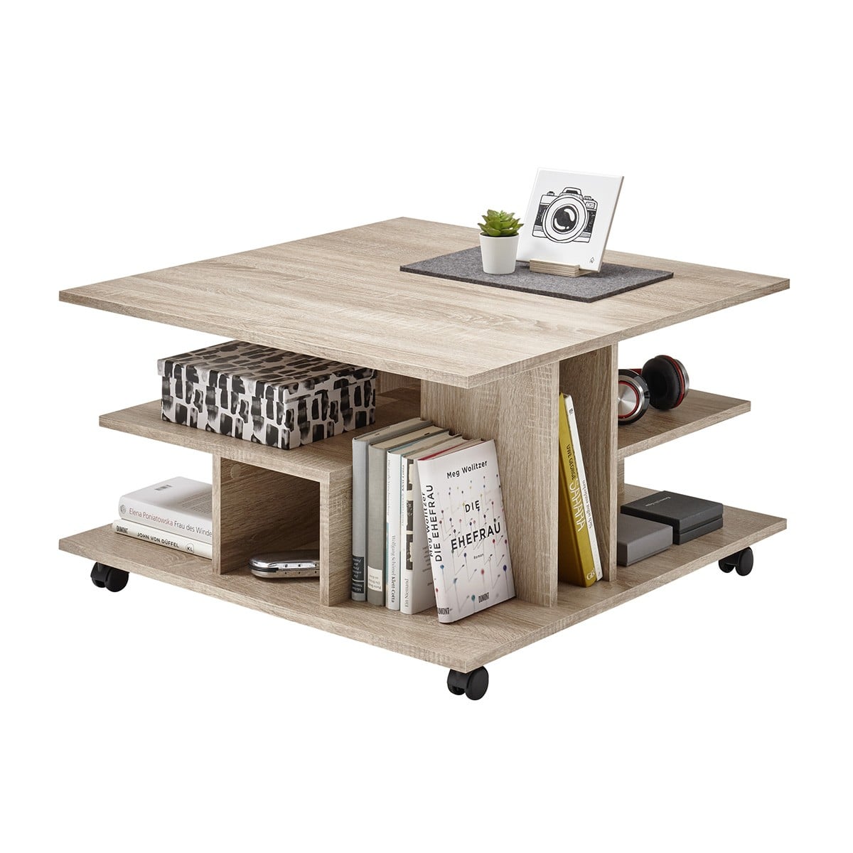 Table Basse sur Roulettes avec Niches de Rangement - 76 x 76 x H44 cm bois clair, CALICOSY