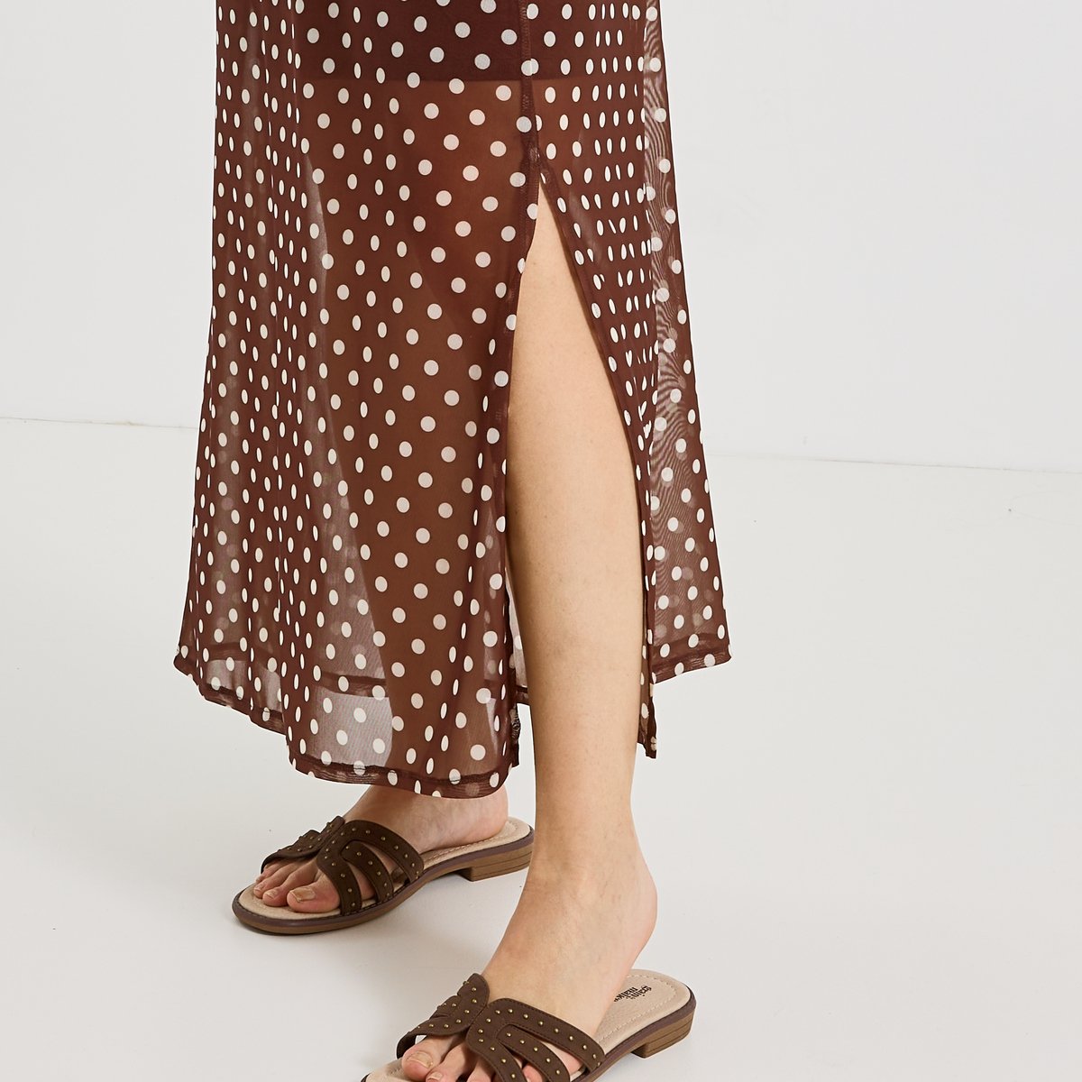 Jupe longue à pois avec fente marron, GRAIN DE MALICE