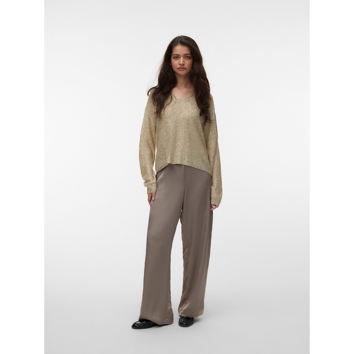Pull col V à sequins beige, VERO MODA