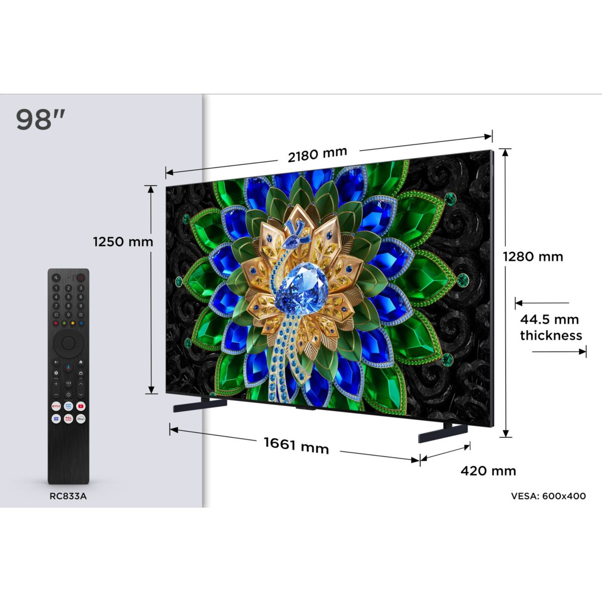 TV Mini LED 98A400U (2026) 98" (248 cm) - 144Hz, Smart TV, système audio ONKYO, mode art (effet tableau) couleur unique, TCL