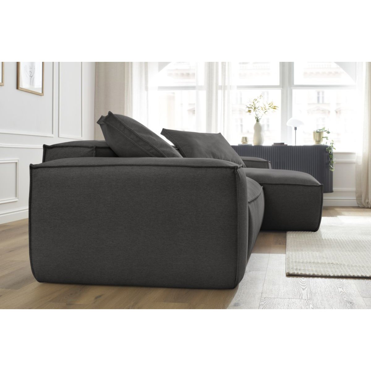 Canapé d'angle fixe 3 places en tissu chiné, BOHEME gris foncé, BOBOCHIC