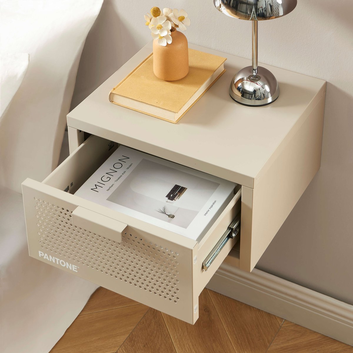 Table de chevet murale en acier taupe, PANTONE