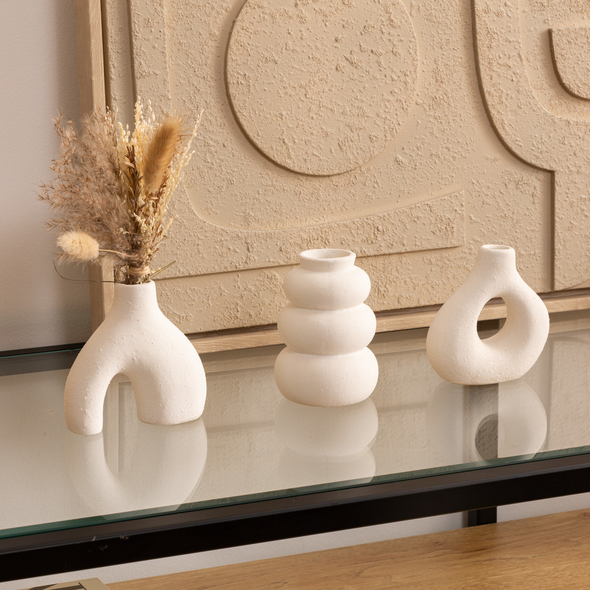 Lot de 3 soliflores graphiques en céramique IORA blanc, ATMOSPHERA