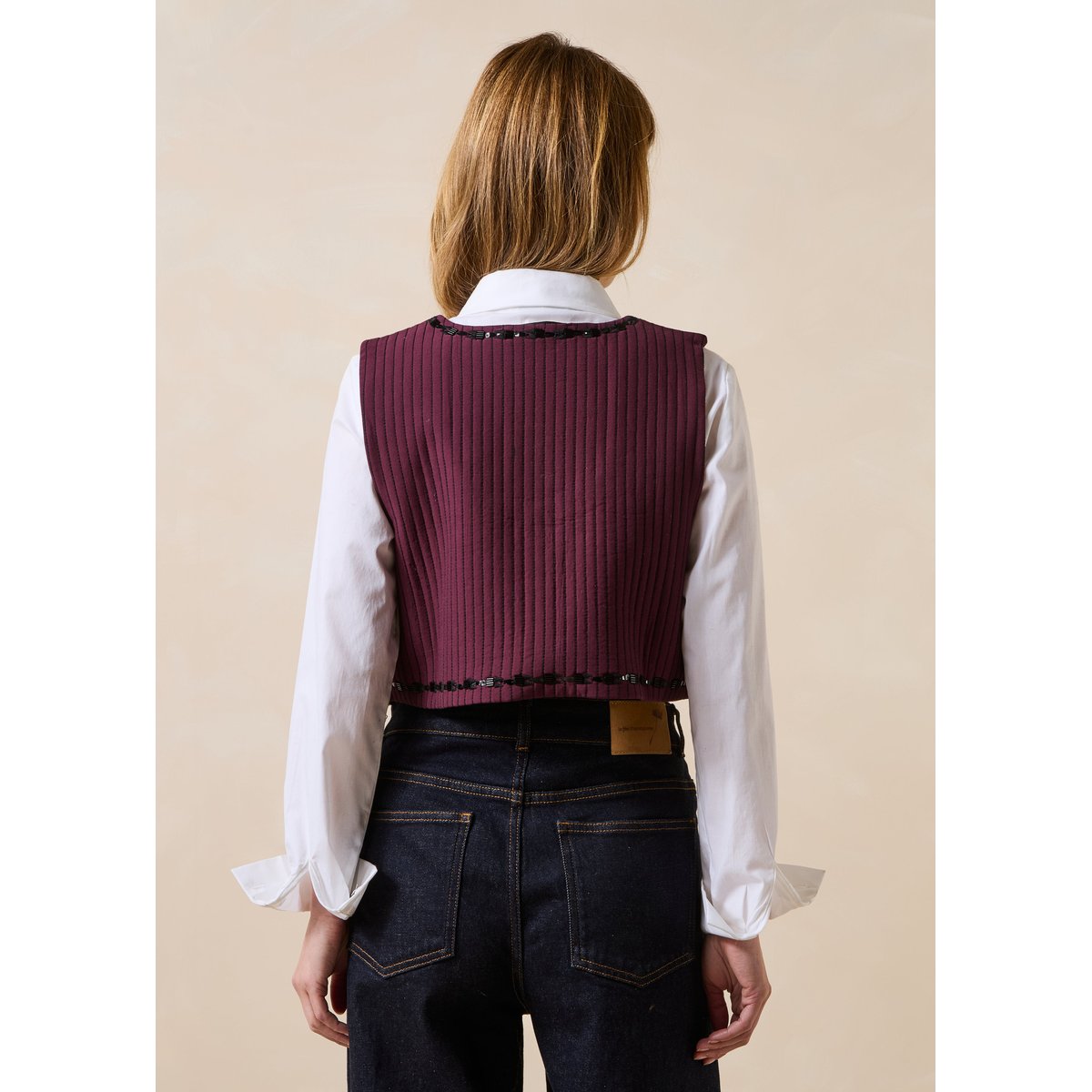 Veste sans manches brodée ouverte bordeaux / noir, LA FEE MARABOUTEE