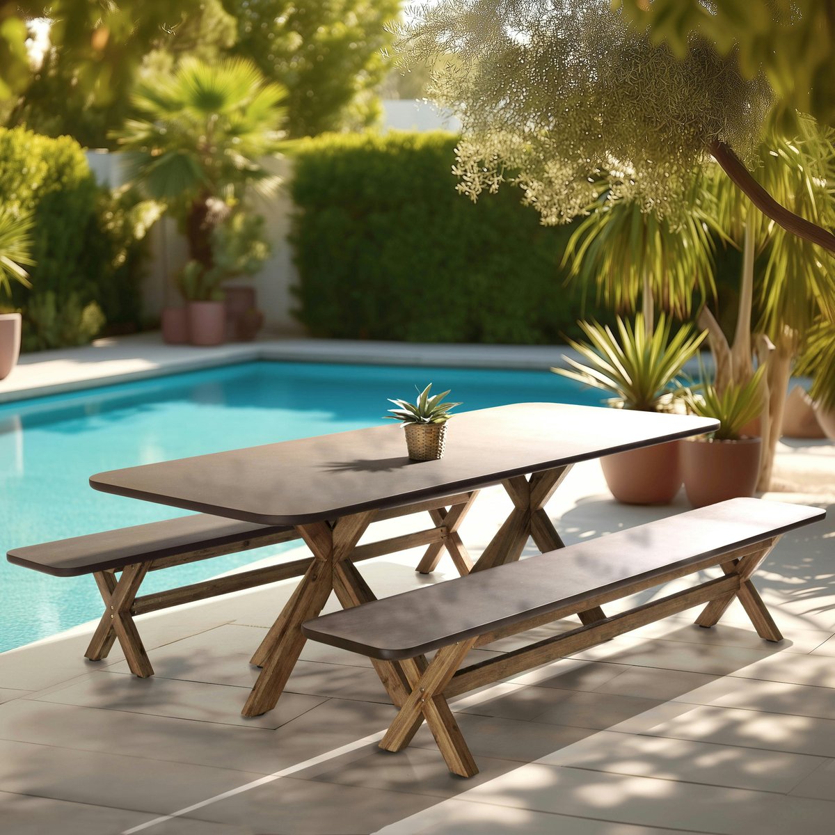Ensemble table 240 cm et bancs effet béton marron pieds en bois d'acacia CALVI marron, PIER IMPORT