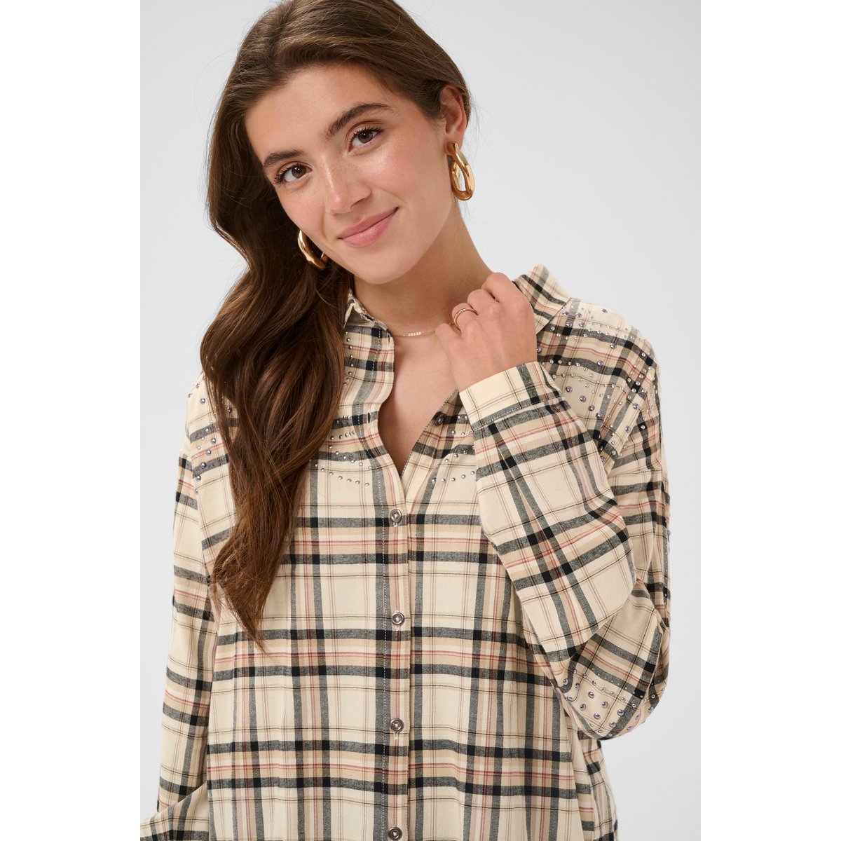 Chemise à manches longues beige bleached check, CREAM