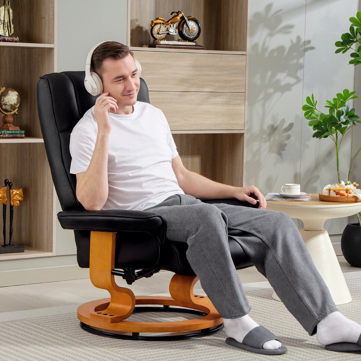 Fauteuil inclinable avec repose-pieds noir, effet bois naturel, HOMCOM
