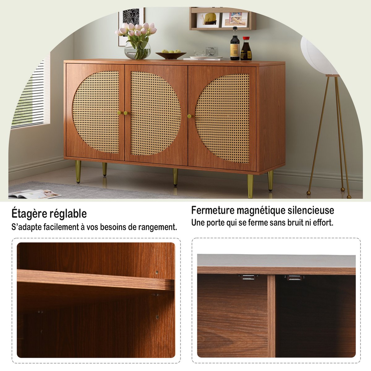 Armoire de rangement avec 3 portes 6 couches, DAVED Armoire noyer, MEUBLES COSY