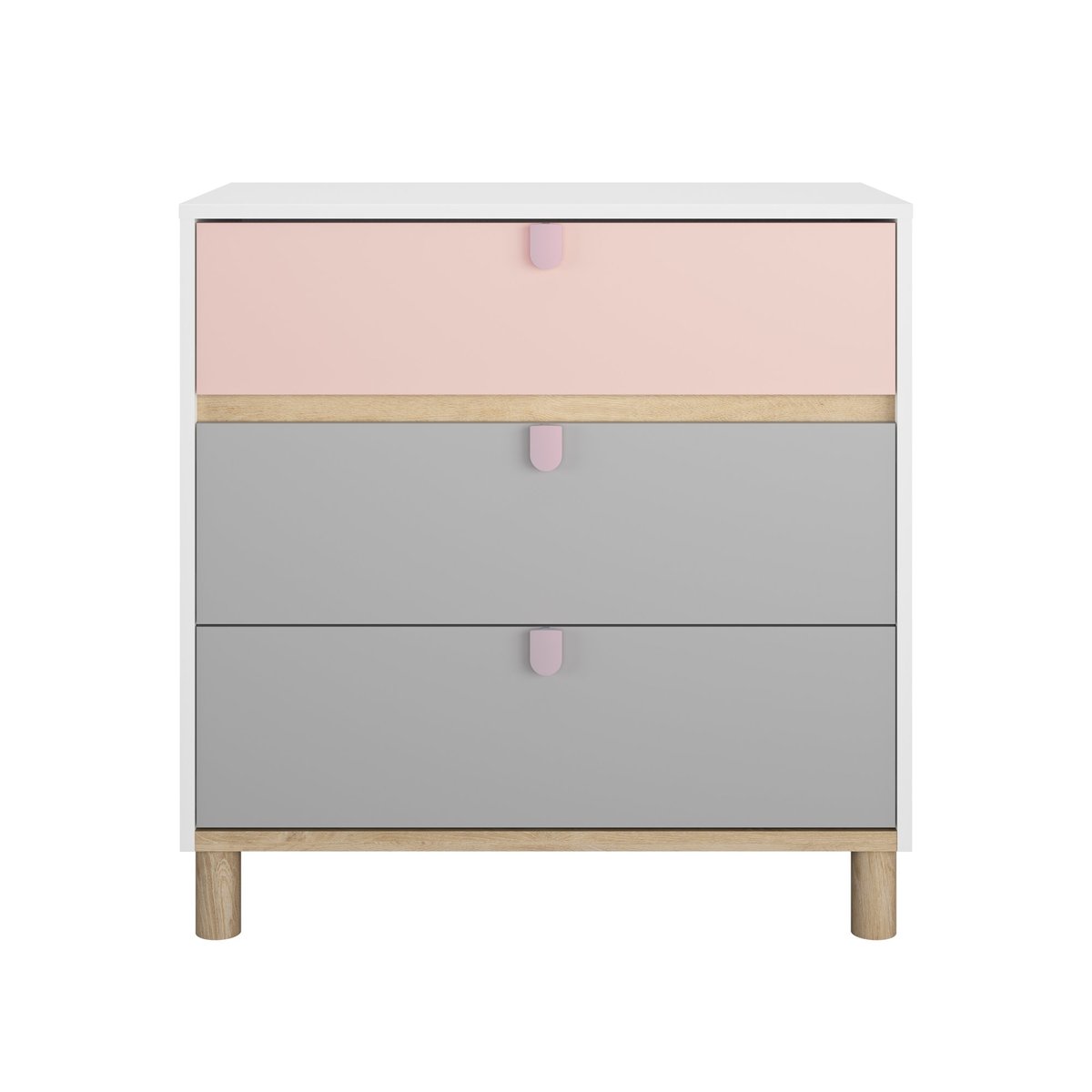 Commode 3 tiroirs finition mate avec poignées rose blanc, GAMI