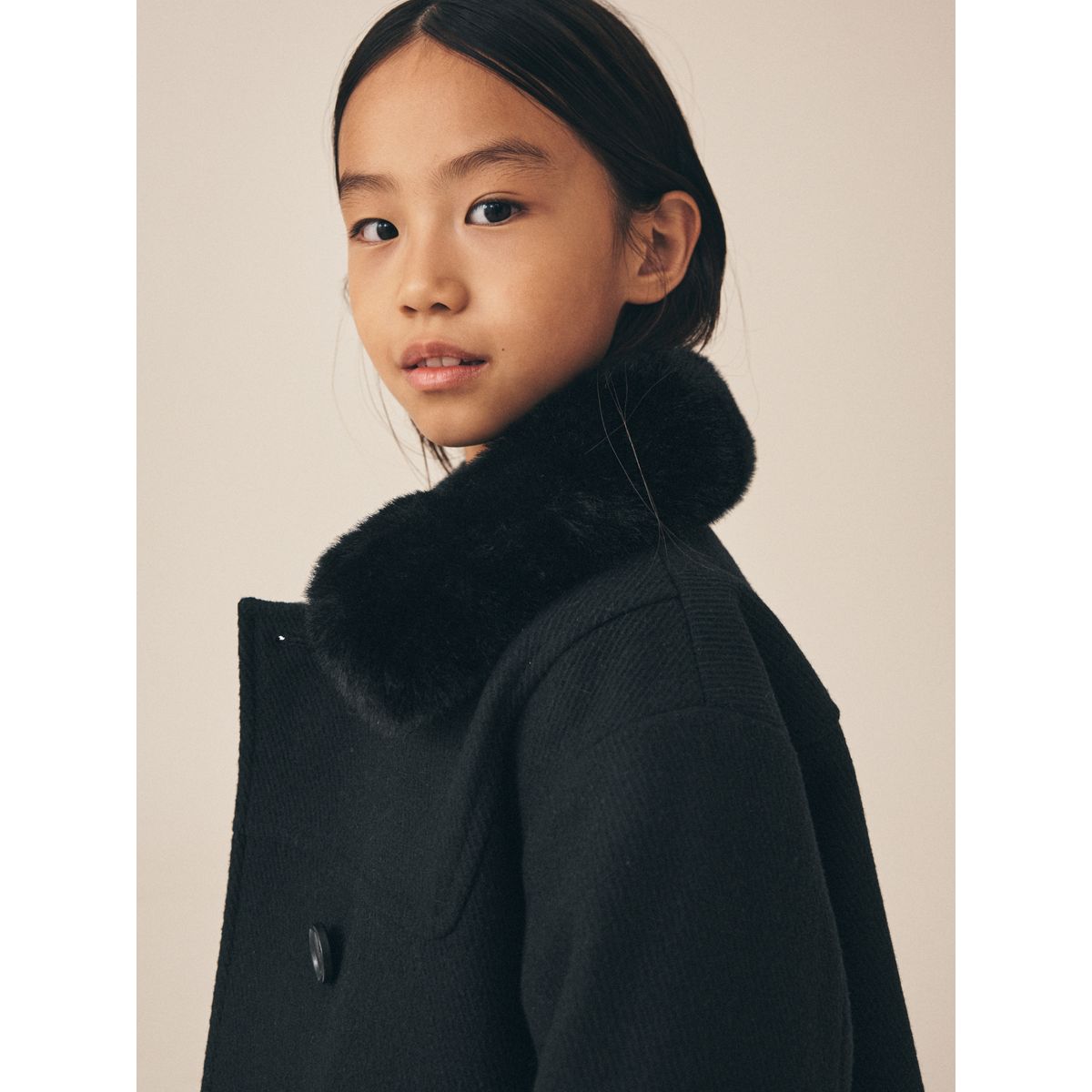 Manteau en laine bordée de imitation fourrure noir, NEXT