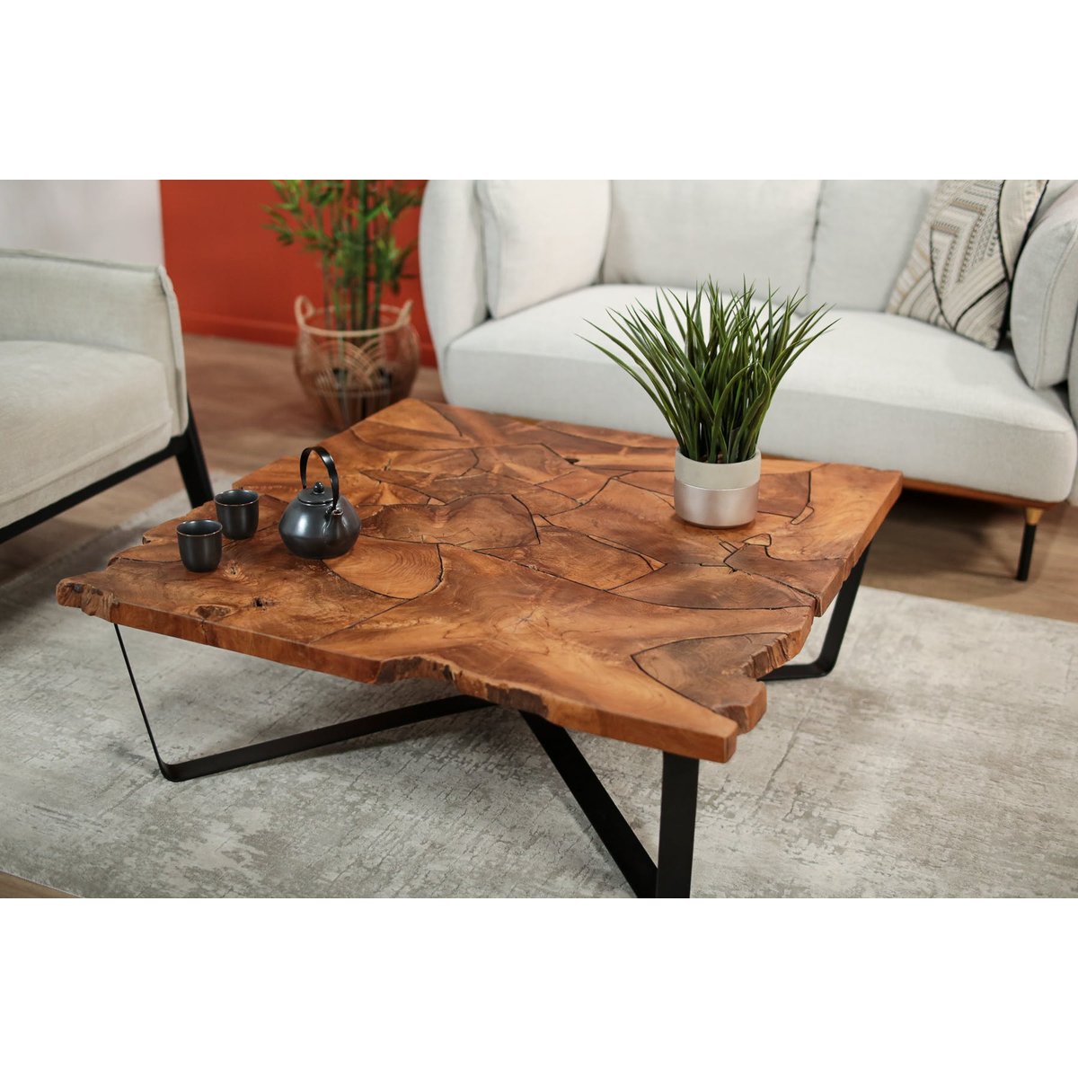 Table basse carrée teck massif recyclé D100 cm BALTIMORE bois naturel, PIER IMPORT