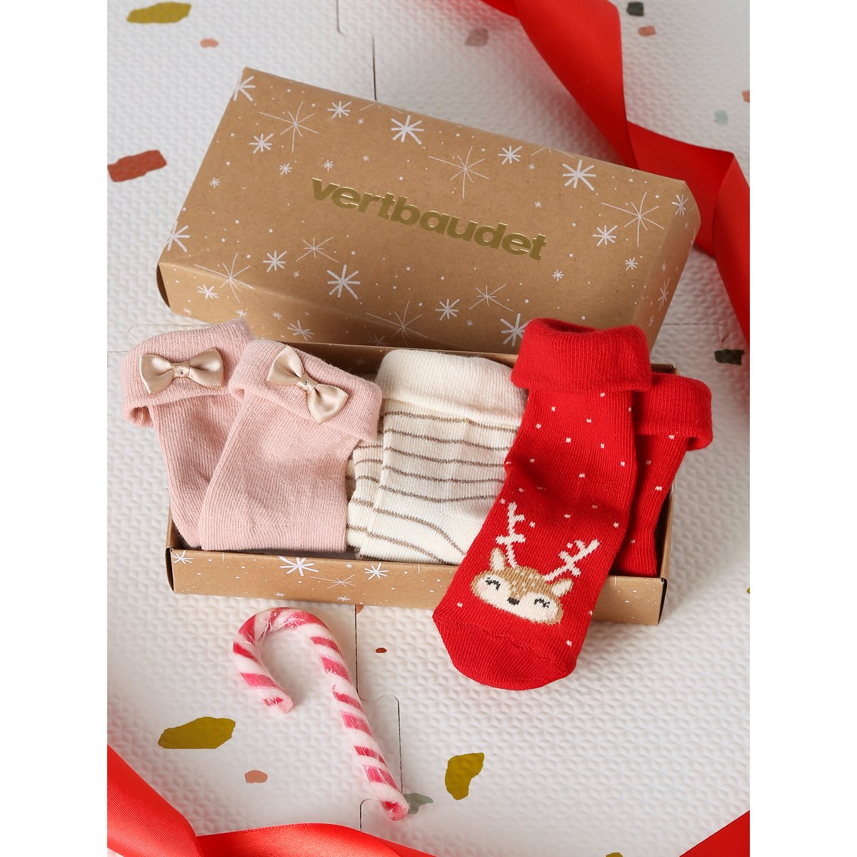 Coffret de 3 paires de chaussettes Noël bébé rose poudré, VERTBAUDET