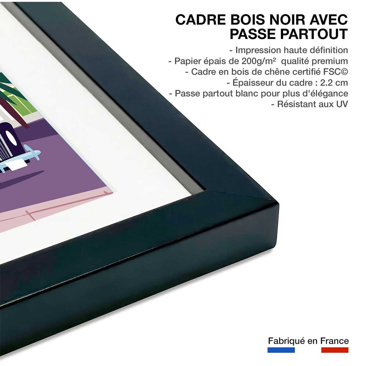 Affiche vacances à Nice affiche + cadre en bois - noir, HEXOA