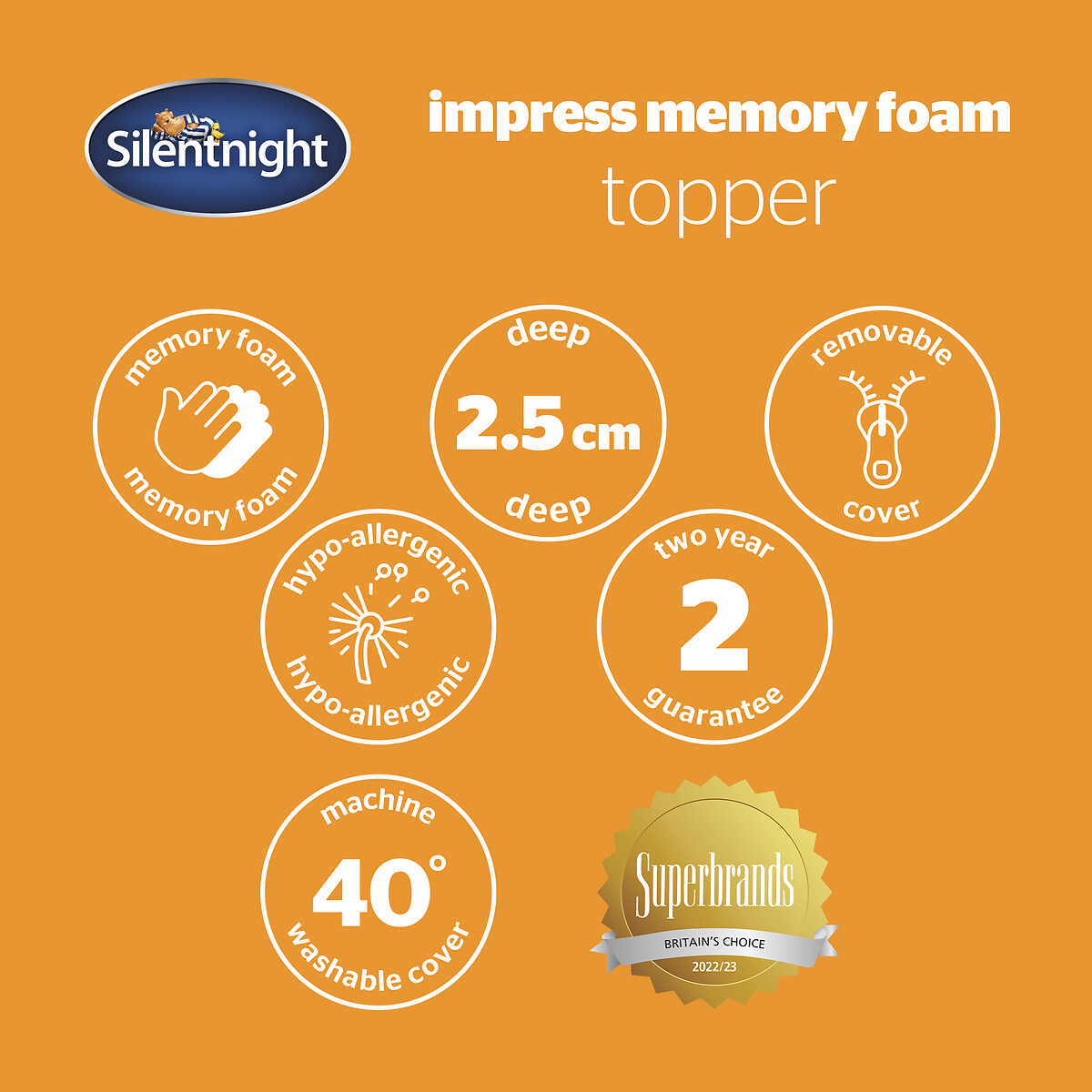 Impress Memory Foam 2.5cm Mattress Topper white, SILENTNIGHT