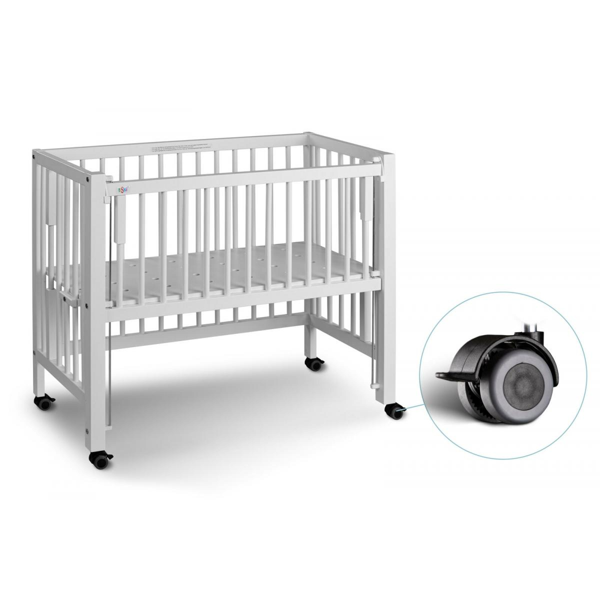 Lit bébé à barreaux cododo Maxi Boxspring en hêtre massif blanc 50x90 cm couleur unique, TISSI