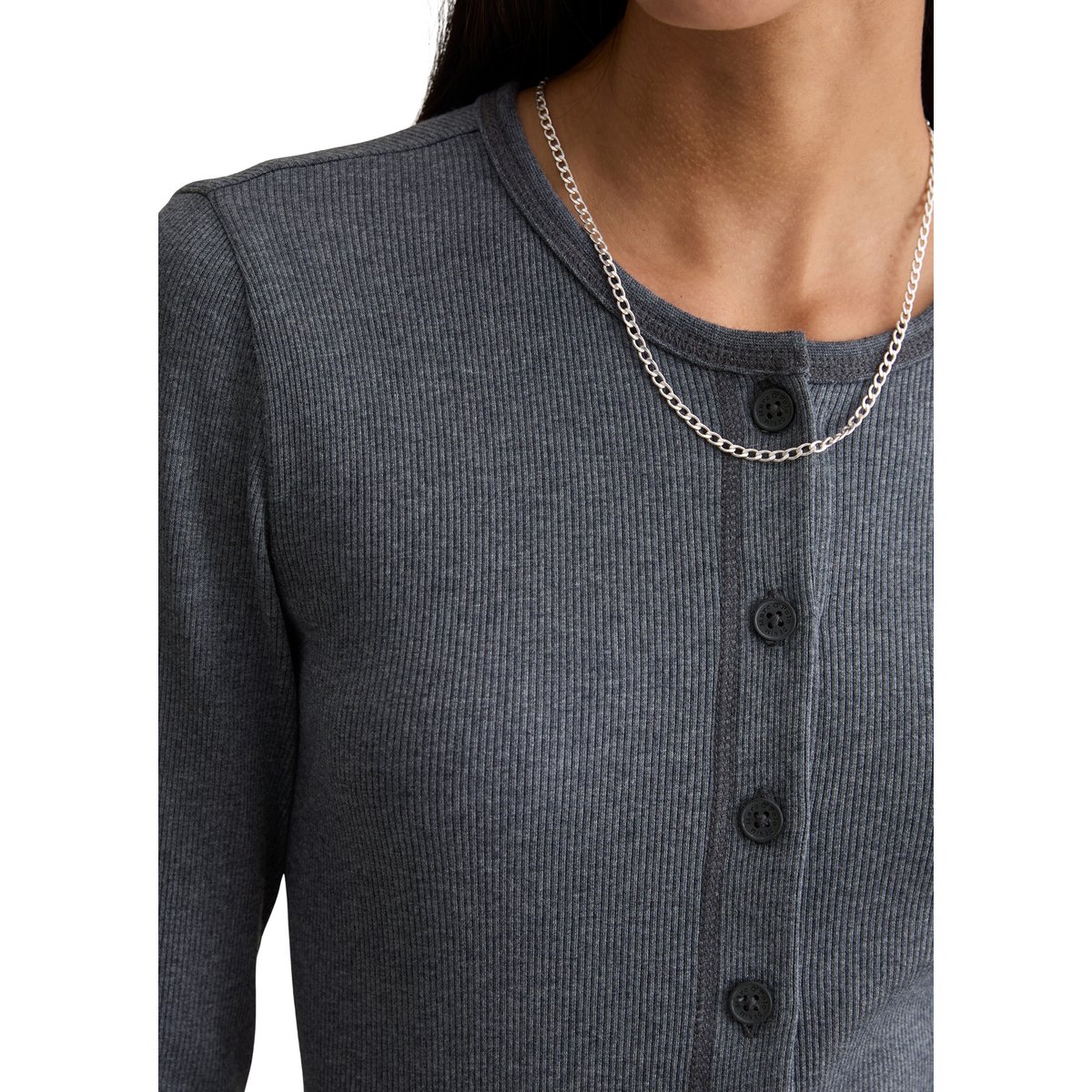 T-shirt long avec patte de boutonnage slim en jersey côtelé gris, MARC O’POLO DENIM