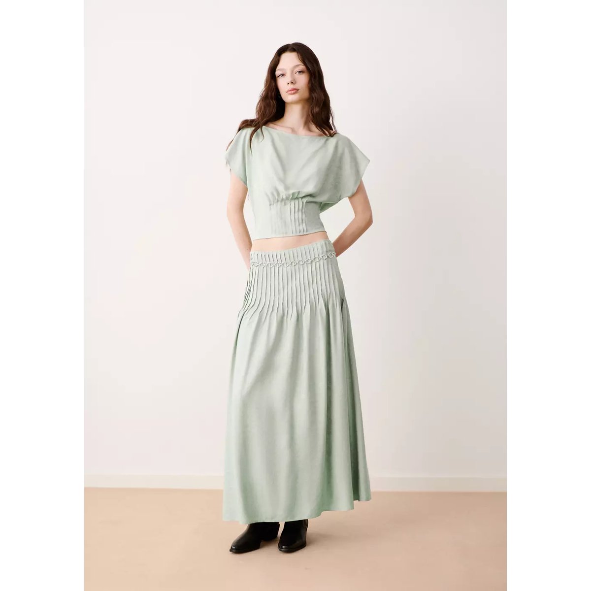 Blouse jacquard détail plissé vert menthe, MANGO TEEN