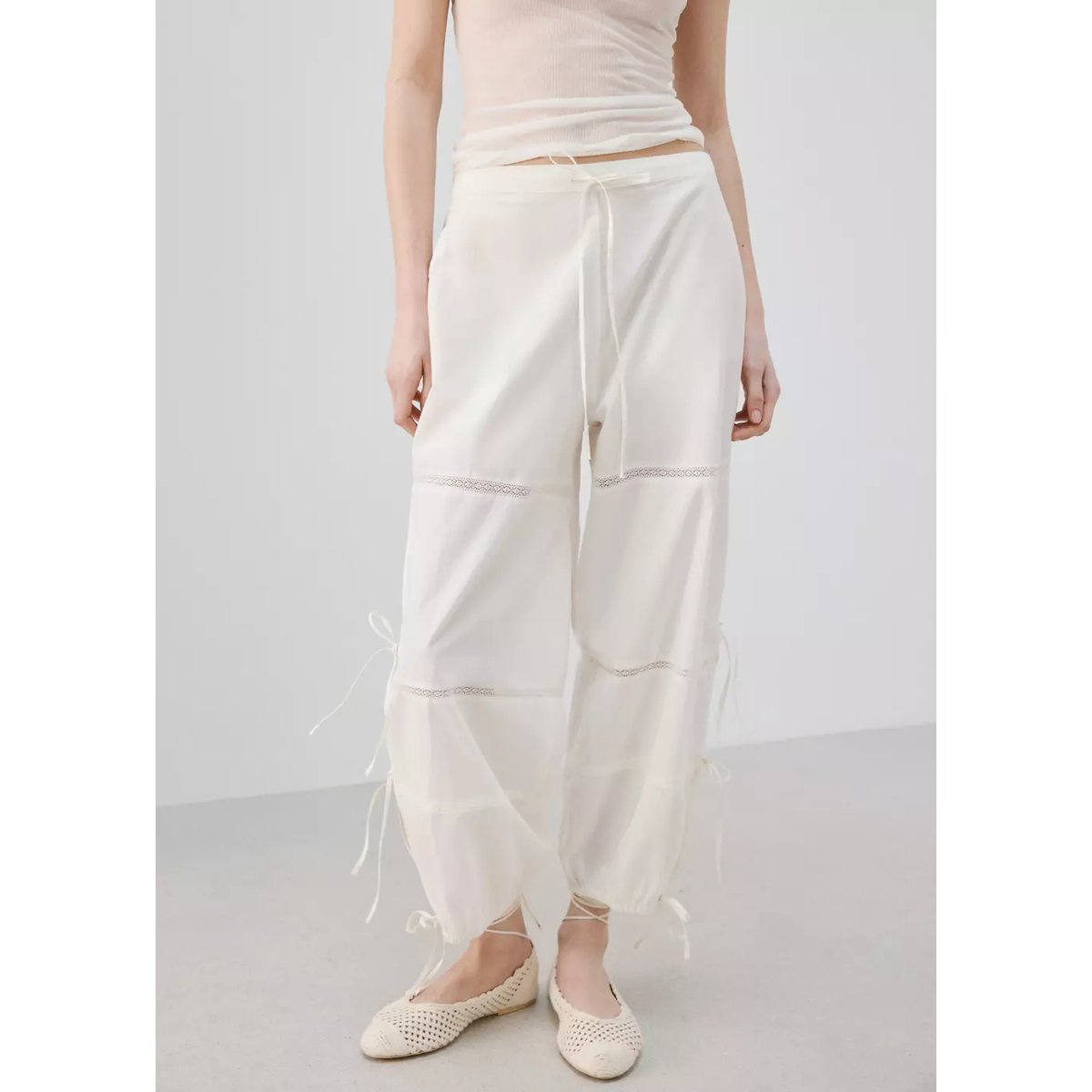 Pantalon bouffant en coton avec liens ivoire, MANGO