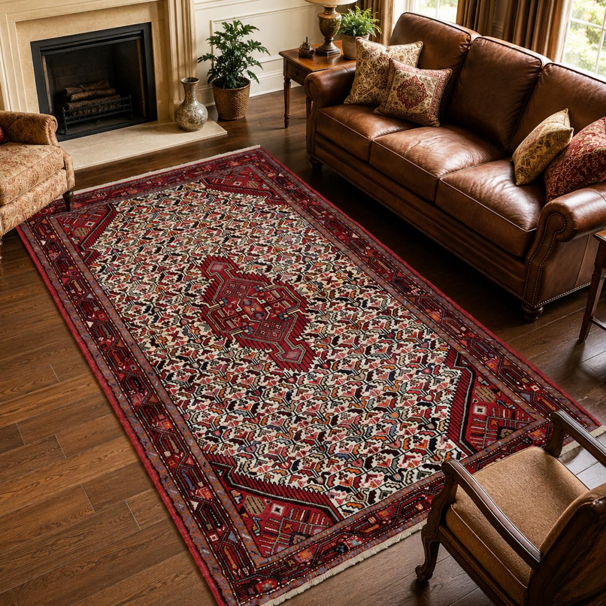 Tapis d'orient, motif persan traditionnel, noué main, HAMADAN 47 rouge, crème, marron, UN AMOUR DE TAPIS
