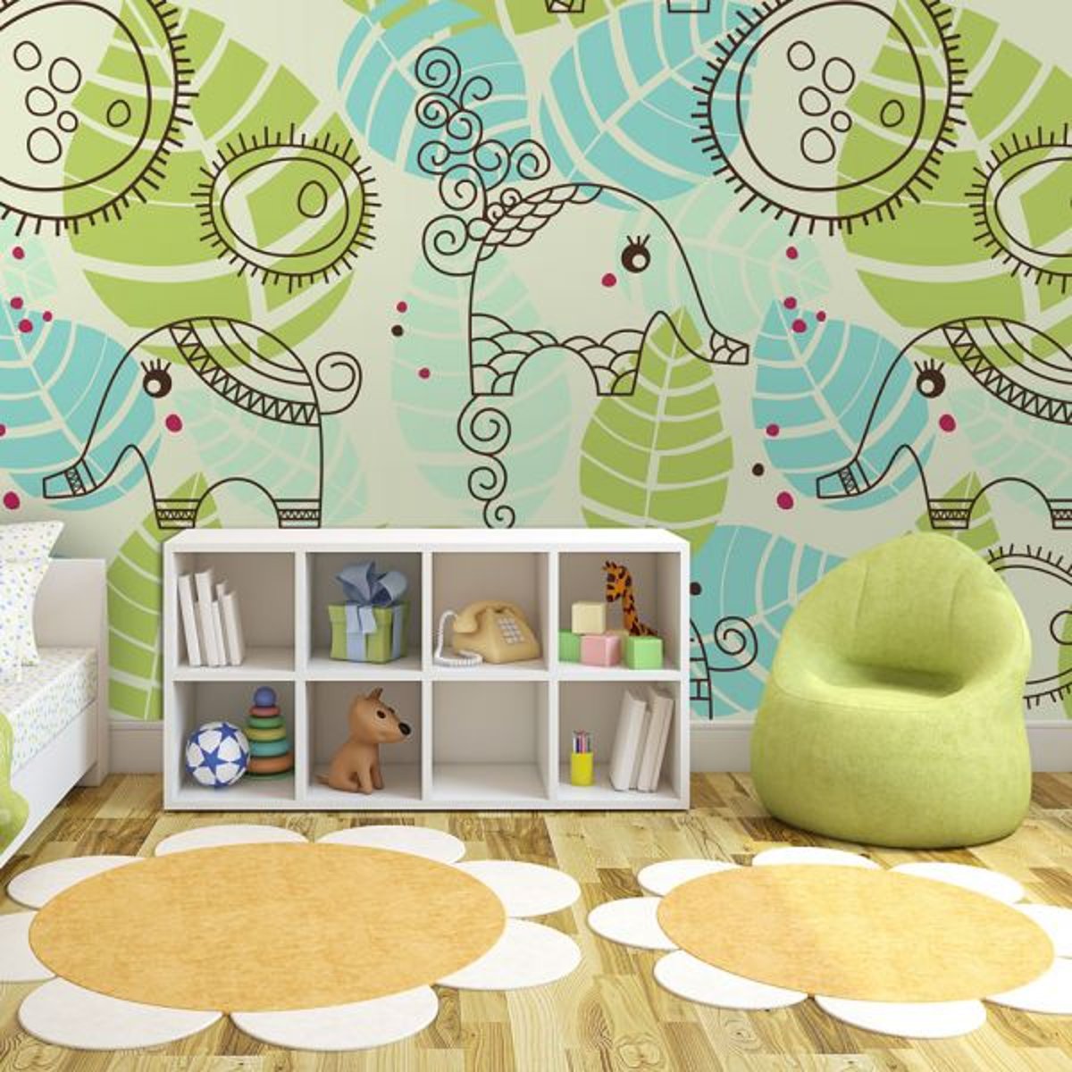 Papier peint intissé panoramique Pour enfants éléphants (pour enfants) vert, EDEN
