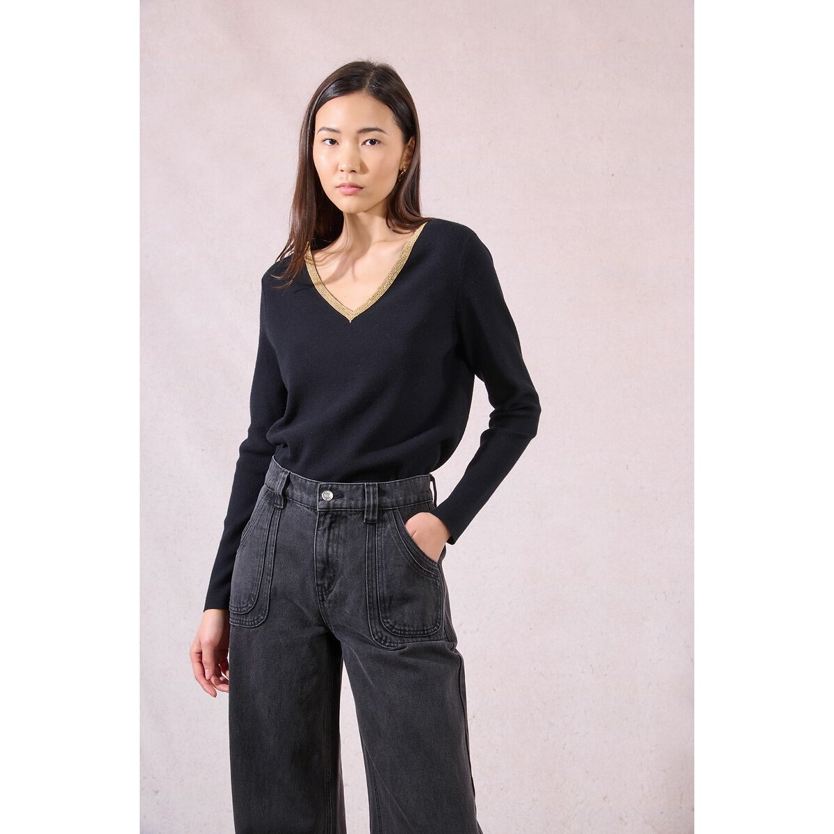 Jumper with Iridescent Collar Trim black, MOLLY BRACKEN