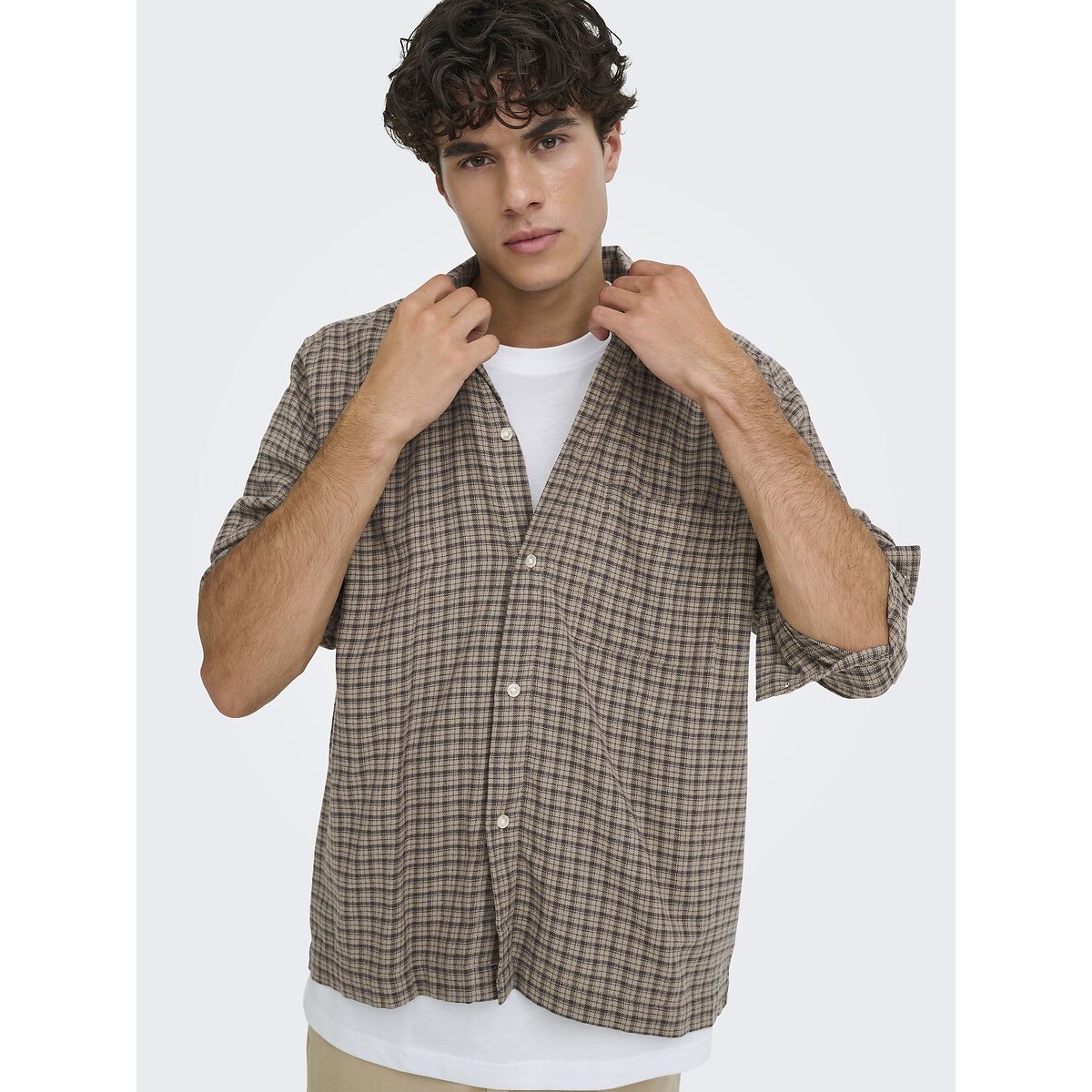 Flanellen hemd Relaxed Fit geruit beige, ONLY & SONS