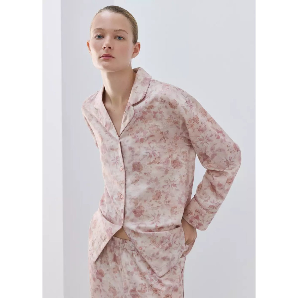 Chemise pyjama imprimée passepoil rose, MANGO