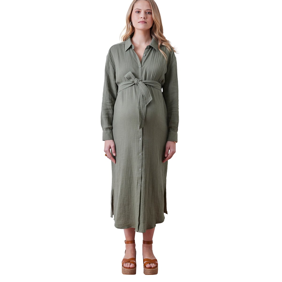 Robe-chemise longue gaze de coton grossesse et allaitement olive, VERTBAUDET
