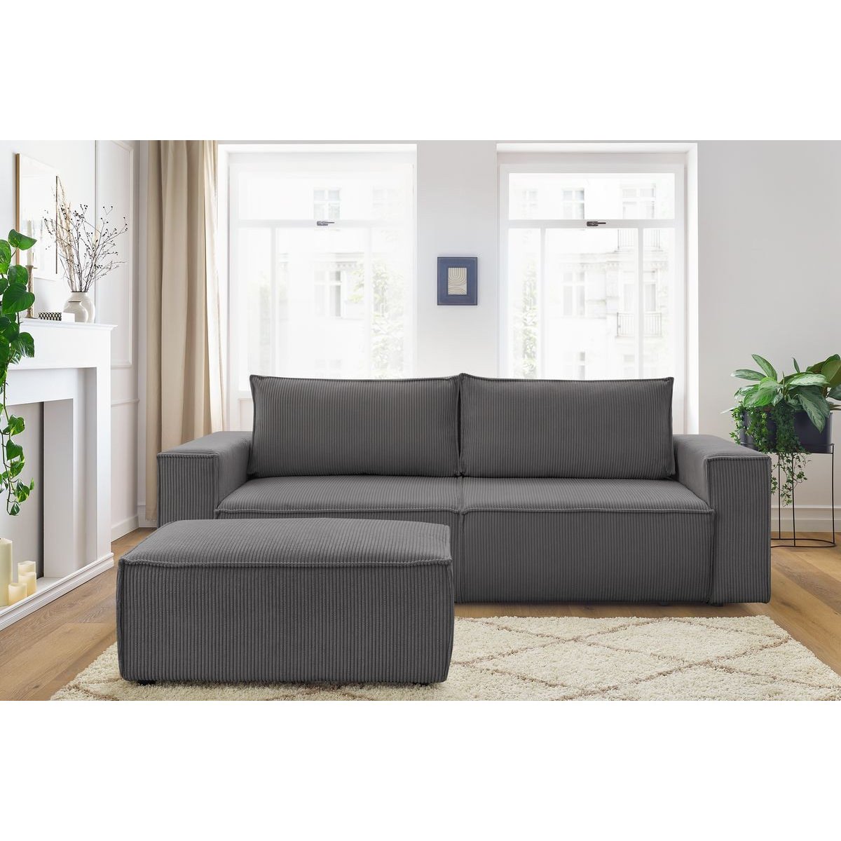 Canapé droit convertible 4 places en velours côtelé avec pouf, NIHAD gris foncé, BOBOCHIC
