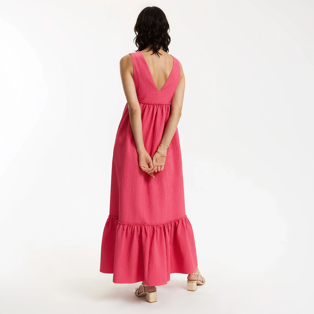 Vestido comprido sem mangas com decote em V e folho rosa, LA REDOUTE COLLECTIONS
