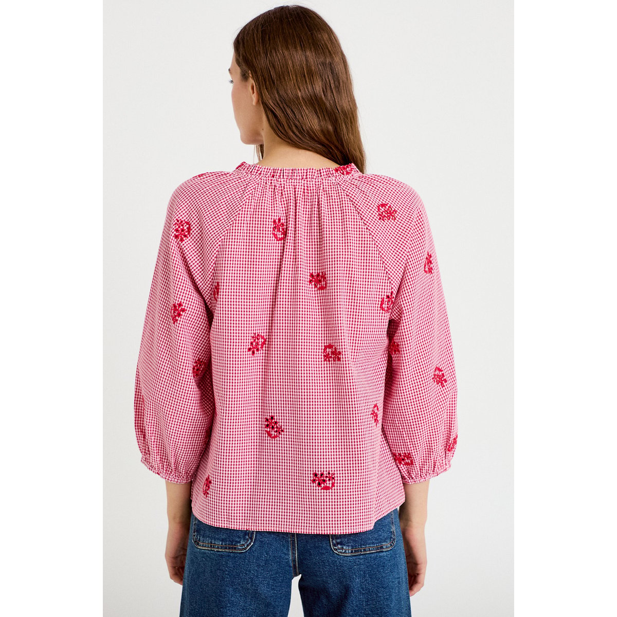 Blouse col v manches 3/4 broderie rouge, CACHE CACHE