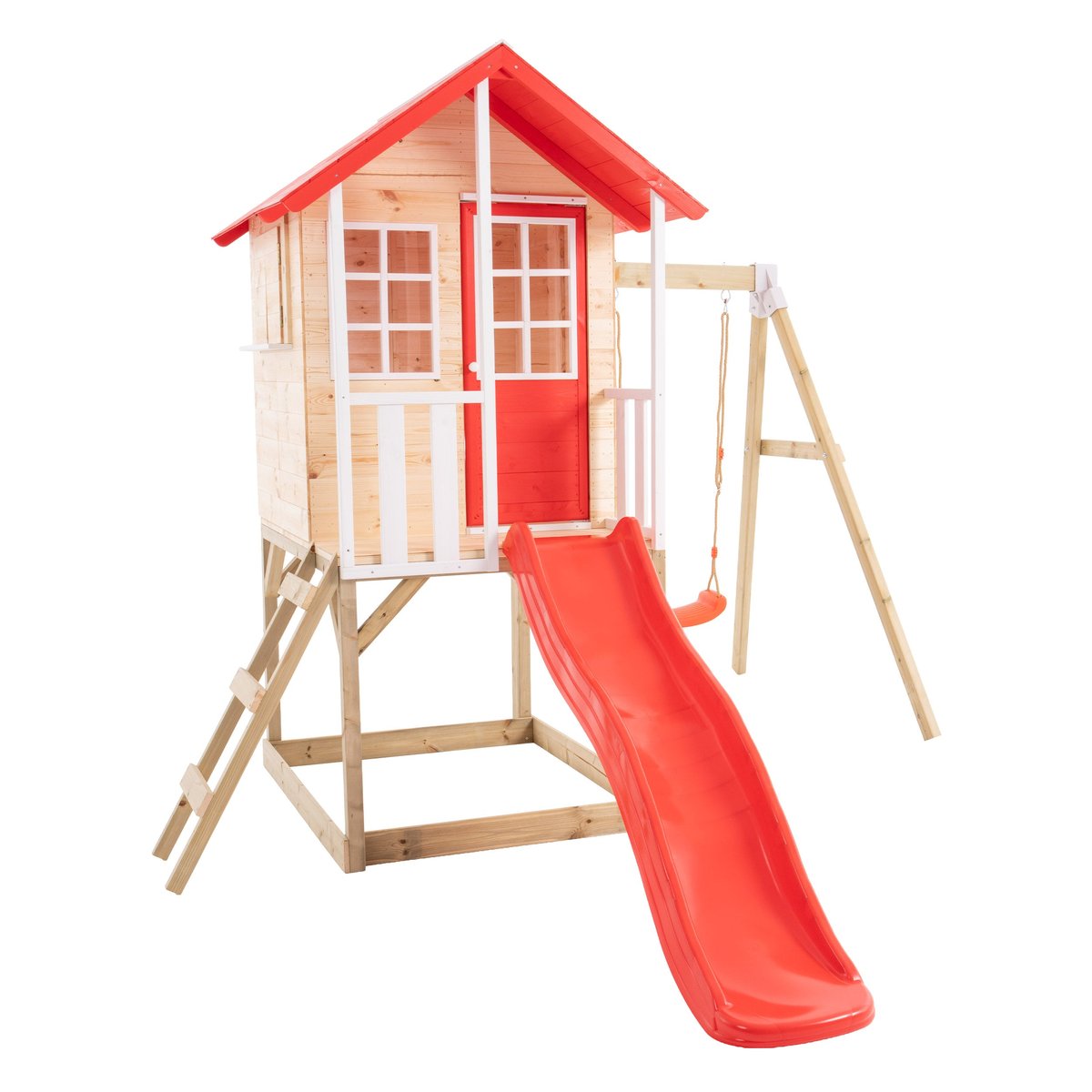 Maisonnette sur pilotis, glissière, 1 balançoire COQUELICOT marron - rouge - blanc, TP TOYS