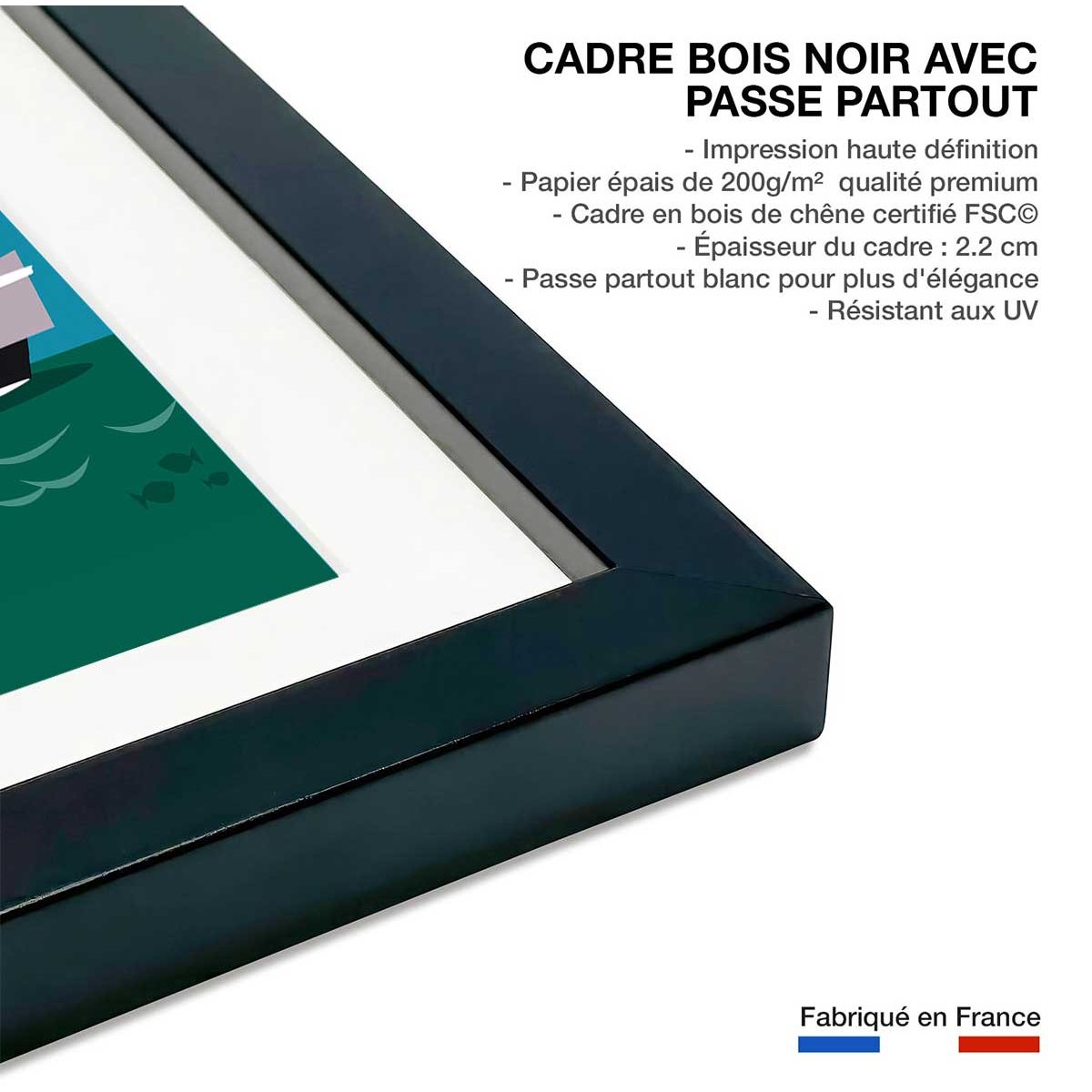 Poster de le lac leman affiche + cadre en bois - noir, HEXOA