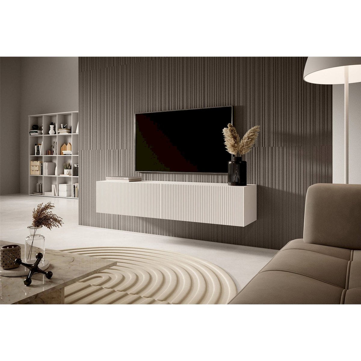 Meuble tv suspendu façade rainurée VELDIO blanc, RECOLLECTION