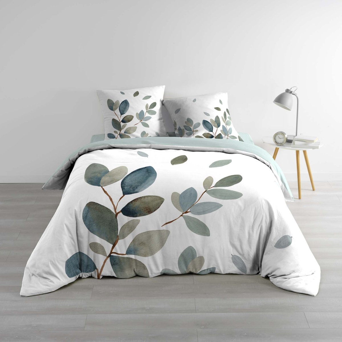 Parure de lit 3 pièces 100 % coton imprimé à motif végétal housse + taies bleu, DOUCEUR D'INTÉRIEUR