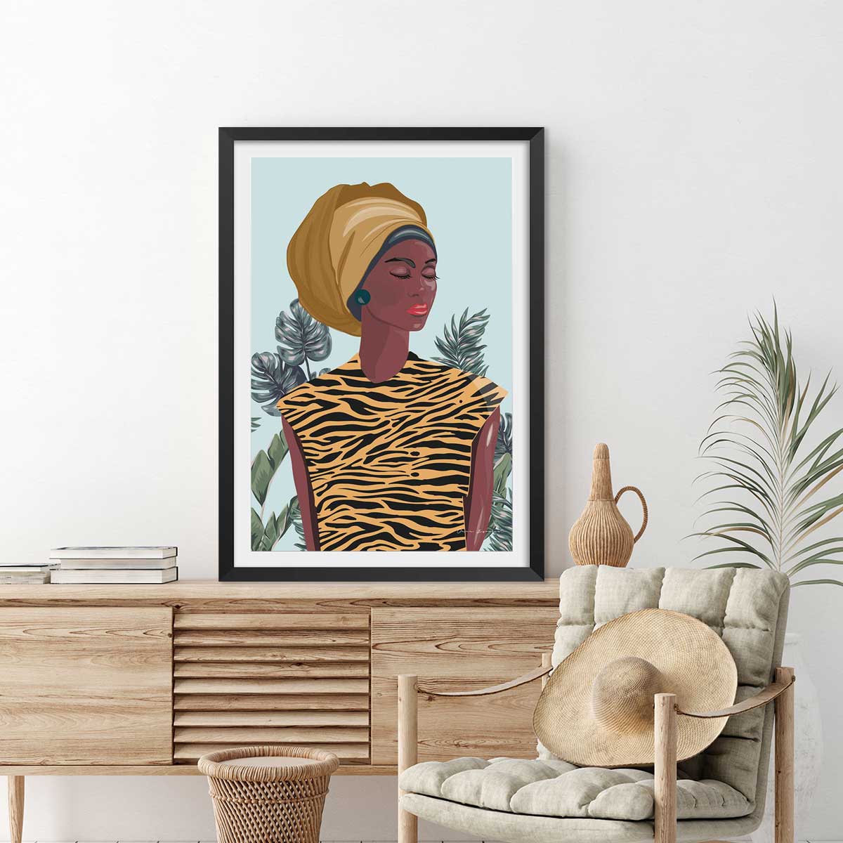 Affiche mode Jamaican girl affiche + cadre en bois - noir, HEXOA